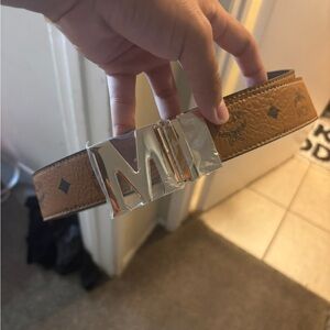 Brown Leather MCM Belt with Gold Buckle